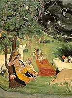 Кришна и Радха под деревом во время грозы